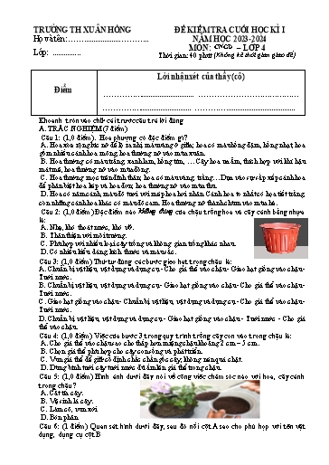 Đề kiểm tra Công nghệ Lớp 4 cuối học kì I - Năm học 2023-2024 - Trường Tiểu học Xuân Hồng (Có đáp án + Ma trận)