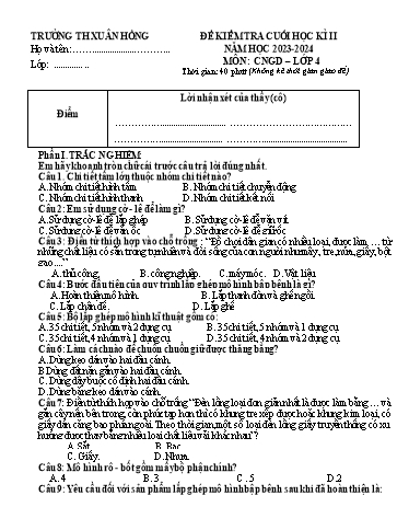 Đề kiểm tra Công nghệ Lớp 4 cuối học kì II - Năm học 2023-2024 - Trường Tiểu học Xuân Hồng (Có đáp án + Ma trận)