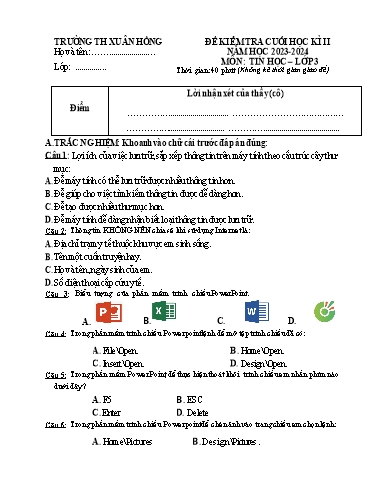 Đề thi Tin học Lớp 3 cuối học kì II - Năm học 2023-2024 - Trường Tiểu học Xuân Hồng (Có đáp án + Ma trận)