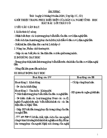 Giáo án Âm nhạc Lớp 5 - Bài: Giới thiệu trang phục biểu diễn của dân ca Nghệ Tĩnh. Học hát bài Lời thầy cô - Năm học 2023-2024