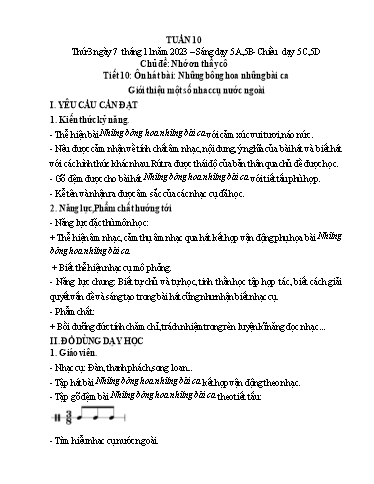 Giáo án Âm nhạc Lớp 5 - Tuần 10, Tiết 10: Ôn hát bài Những bông hoa những bài ca. Giới thiệu 1 số nhạc cụ nước ngoài - Năm học 2023-2024