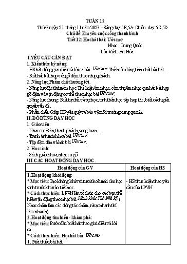Giáo án Âm nhạc Lớp 5 - Tuần 12, Tiết 12: Học hát bài Ước mơ - Năm học 2023-2024