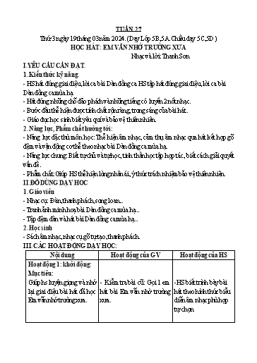 Giáo án Âm nhạc Lớp 5 - Tuần 27: Học hát Em vẫn nhớ trường xưa - Năm học 2023-2024