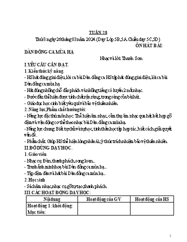 Giáo án Âm nhạc Lớp 5 - Tuần 28: Ôn hát bài Dàn đồng ca mùa hạ - Năm học 2023-2024