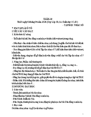Giáo án Âm nhạc Lớp 5 - Tuần 29, Bài: Tập đọc nhạc số 7 Em tập lái ô tô - Năm học 2023-2024