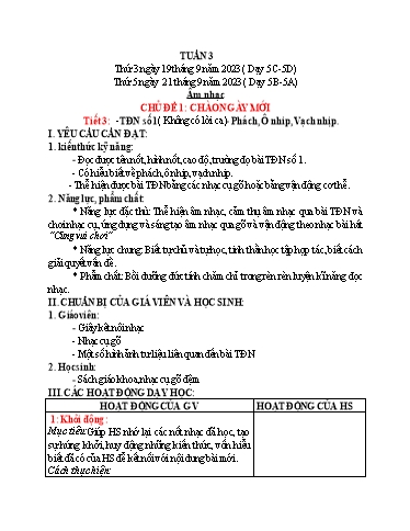 Giáo án Âm nhạc Lớp 5 - Tuần 3, Tiết 3: Tập đọc nhạc số 1 (Không có lời ca). Phách , ô nhịp, vạch nhịp - Năm học 2023-2024