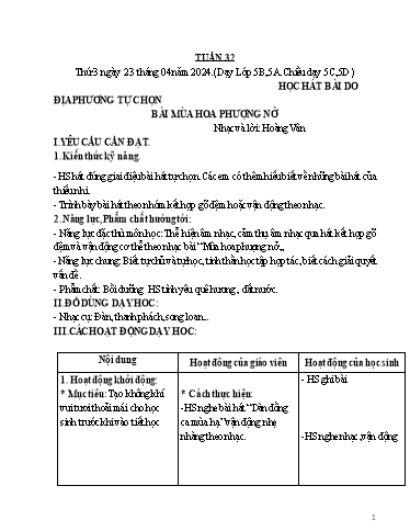 Giáo án Âm nhạc Lớp 5 - Tuần 32, Bài: Học hát bài do địa phương tự chọn Bài Mùa hoa phượng đỏ - Năm học 2023-2024