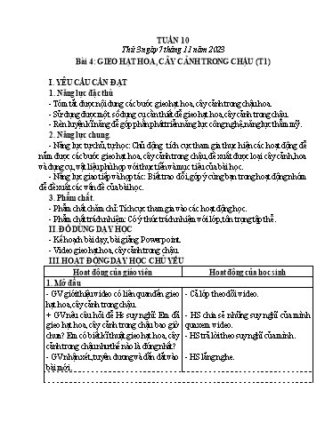 Giáo án Công nghệ 4 (Kết nối tri thức) - Tuần 10, Bài 4: Gieo hạt, cây cảnh trong chậu (Tiết 1) - Năm học 2023-2024