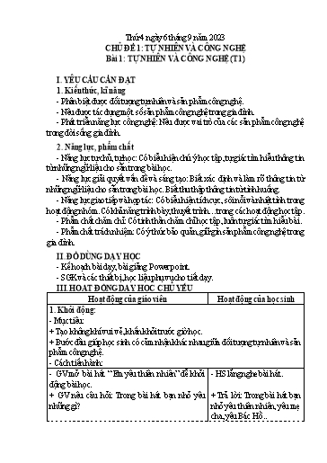 Giáo án Công nghệ Lớp 3 (Chân trời sáng tạo) - Tuần 1, Bài 1: Tự nhiên và công nghệ (Tiết 1) - Năm học 2023-2024
