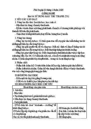 Giáo án Công nghệ Lớp 3 (Kết nối tri thức) - Bài 4: Sử dụng máy thu thanh (Tiết 3) - Năm học 2023-2024