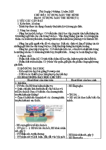 Giáo án Công nghệ Lớp 3 (Kết nối tri thức) - Tuần 11, Bài 5: Sử dụng máy thu hình (Tiết 1) - Năm học 2023-2024