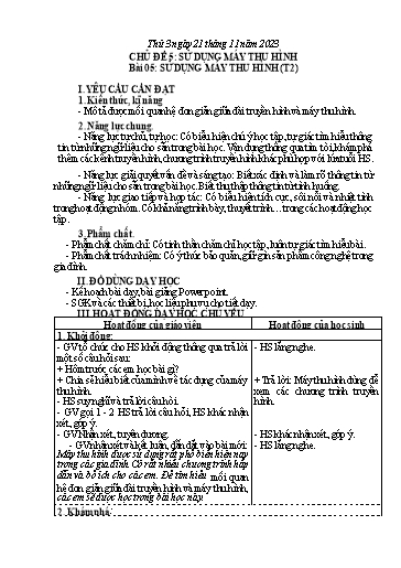 Giáo án Công nghệ Lớp 3 (Kết nối tri thức) - Tuần 13, Bài 5: Sử dụng máy thu hình (Tiết 2) - Năm học 2023-2024