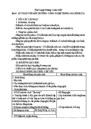 Giáo án Công nghệ Lớp 3 (Kết nối tri thức) - Tuần 19, Bài 6: An toàn với môi trường công nghệ trong gia đình (Tiết 3) - Năm học 2023-2024