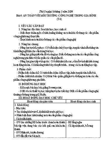 Giáo án Công nghệ Lớp 3 (Kết nối tri thức) - Tuần 20, Bài 6: An toàn với môi trường công nghệ trong gia đình (Tiết 4) - Năm học 2023-2024