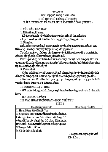 Giáo án Công nghệ Lớp 3 (Kết nối tri thức) - Tuần 21, Bài 7: Dụng cụ và vật liệu làm thủ công (Tiết 1) - Năm học 2023-2024