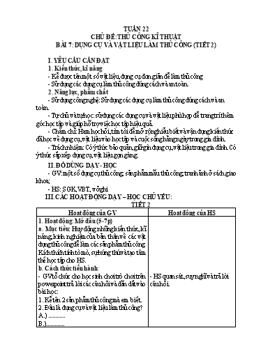 Giáo án Công nghệ Lớp 3 (Kết nối tri thức) - Tuần 22, Bài 7: Dụng cụ và vật liệu làm thủ công (Tiết 2)