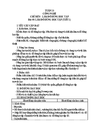 Giáo án Công nghệ Lớp 3 (Kết nối tri thức) - Tuần 23, Bài 8: Làm đồ dùng học tập (Tiết 1)