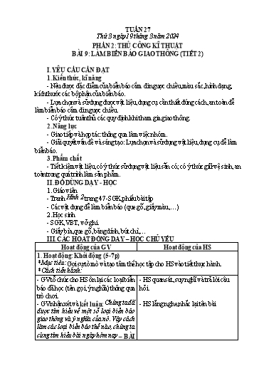 Giáo án Công nghệ Lớp 3 (Kết nối tri thức) - Tuần 27, Bài 9: Làm biển báo giao thông (Tiết 2) - Năm học 2023-2024
