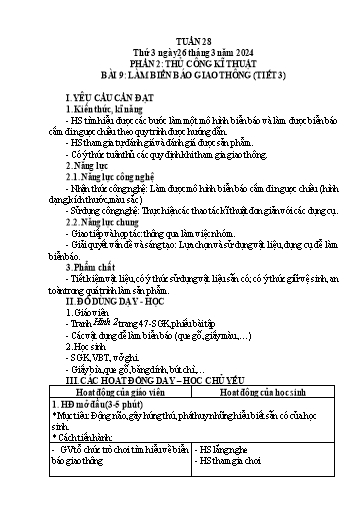 Giáo án Công nghệ Lớp 3 (Kết nối tri thức) - Tuần 28, Bài 9: Làm biển báo giao thông (Tiết 3) - Năm học 2023-2024