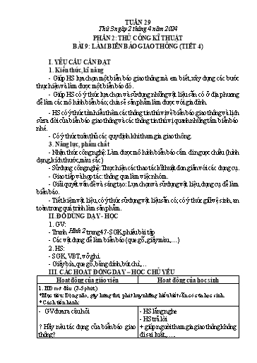 Giáo án Công nghệ Lớp 3 (Kết nối tri thức) - Tuần 29, Bài 9: Làm biển báo giao thông (Tiết 4) - Năm học 2023-2024