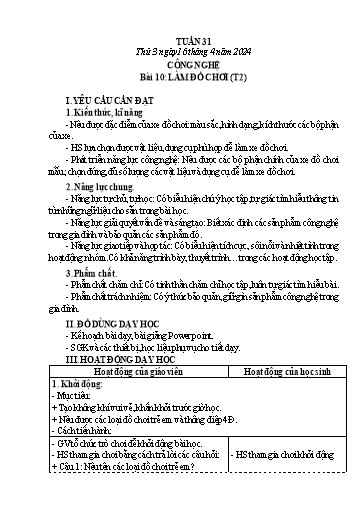 Giáo án Công nghệ Lớp 3 (Kết nối tri thức) - Tuần 31, Bài 10: Làm đồ chơi (Tiết 2) - Năm học 2023-2024