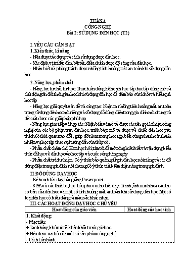 Giáo án Công nghệ Lớp 3 (Kết nối tri thức) - Tuần 4, Bài 2: Sử dụng đèn học (Tiết 2)