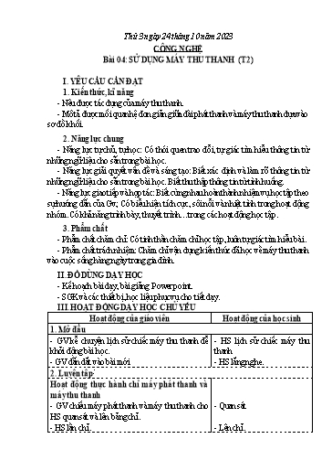 Giáo án Công nghệ Lớp 3 (Kết nối tri thức) - Tuần 8, Bài 4: Sử dụng máy thu thanh (Tiết 2) - Năm học 2023-2024