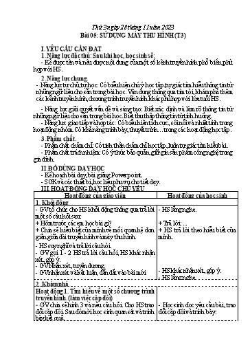 Giáo án Công nghệ Lớp 3 - Tuần 13, Bài 5: Sử dụng máy thu hình (Tiết 3) - Năm học 2023-2024