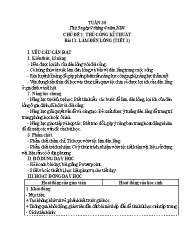 Giáo án Công nghệ Lớp 3 - Tuần 30, Bài 11: Làm đèn lồng (Tiết 1) - Năm học 2023-2024