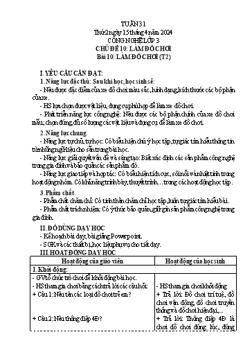 Giáo án Công nghệ Lớp 3 - Tuần 31, Bài 10: Làm đồ chơi (Tiết 2) - Năm học 2023-2024