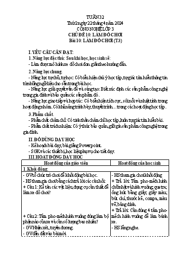 Giáo án Công nghệ Lớp 3 - Tuần 32, Bài 10: Làm đồ chơi (Tiết 3) - Năm học 2023-2024
