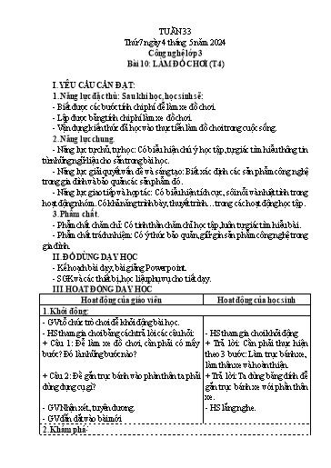 Giáo án Công nghệ Lớp 3 - Tuần 33, Bài 10: Làm đồ chơi (Tiết 4) - Năm học 2023-2024