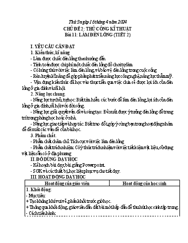 Giáo án Công nghệ Lớp 4 - Bài 11: Làm đèn lồng (Tiết 2) - Năm học 2023-2024