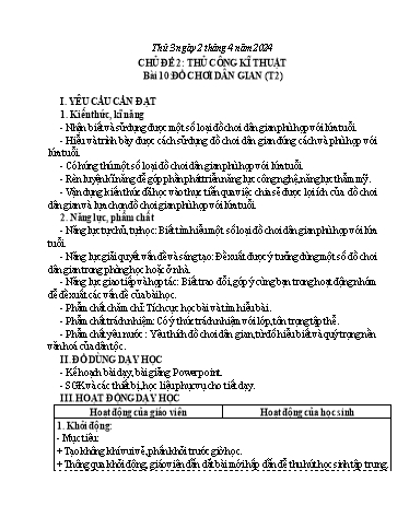 Giáo án Công nghệ Lớp 4 (Kết nối tri thức) - Chủ đề 2, Bài 10: Đồ chơi dân gian (Tiết 2) - Năm học 2023-2024