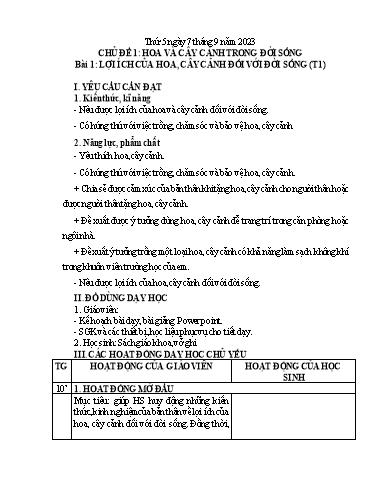 Giáo án Công nghệ Lớp 4 (Kết nối tri thức) - Tuần 1, Bài 1: Lợi ích của hoa, cây cảnh đối với đời sống (Tiết 1) - Năm học 2023-2024