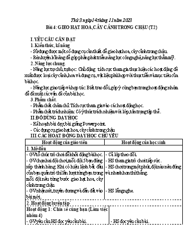 Giáo án Công nghệ Lớp 4 (Kết nối tri thức) - Tuần 11, Bài 4: Gieo hạt hoa, cây cảnh trong chậu (Tiết 2) - Năm học 2023-2024