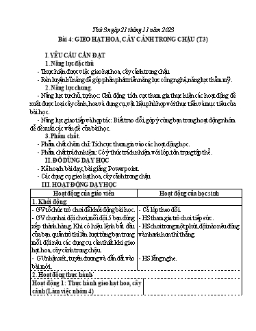 Giáo án Công nghệ Lớp 4 (Kết nối tri thức) - Tuần 12, Bài 4: Gieo hạt hoa, cây cảnh trong chậu (Tiết 3) - Năm học 2023-2024