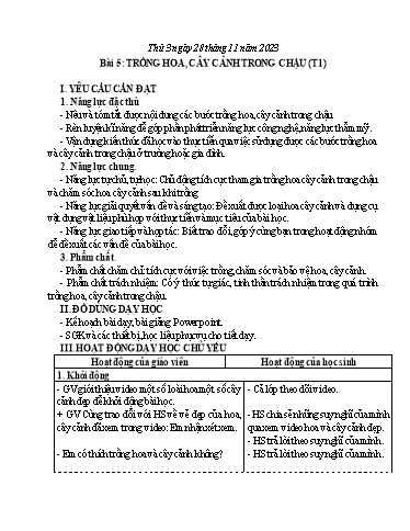 Giáo án Công nghệ Lớp 4 (Kết nối tri thức) - Tuần 13, Bài 5: Trồng hoa, cây cảnh trogn chậu (Tiết 1) - Năm học 2023-2024