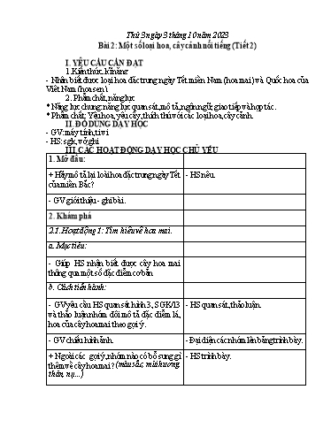 Giáo án Công nghệ Lớp 4 (Kết nối tri thức) - Tuần 5, Bài 2: Một số loại hoa, cây cảnh nổi tiếng (Tiết 2) - Năm học 2023-2024