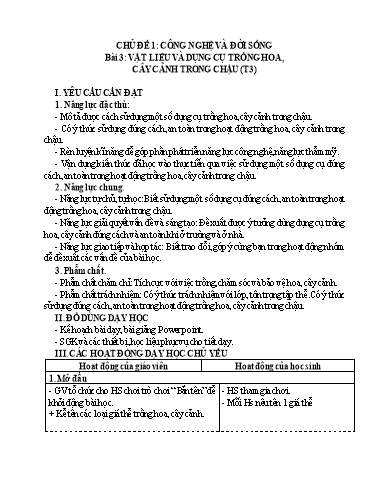 Giáo án Công nghệ Lớp 4 (Kết nối tri thức) - Tuần 9, Bài 3: Vật liệu và dụng cụ trồng hoa, cây cảnh trong chậu (Tiết 3)