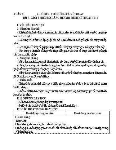 Giáo án Công nghệ Lớp 4 - Tuần 21, Bài 7: Giới thiệu bộ lắp ghép mô hình kĩ thuật (Tiết 1)