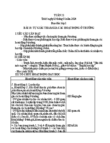 Giáo án Đạo đức 1 + Hoạt động trải nghiệm 2 - Tuần 21 - Năm học 2023-2024