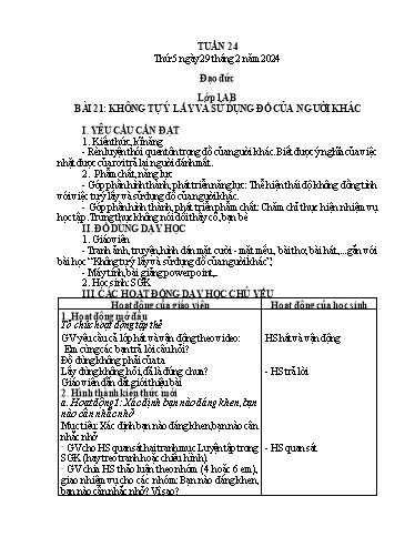 Giáo án Đạo đức 1 + Hoạt động trải nghiệm 2 - Tuần 24 - Năm học 2023-2024