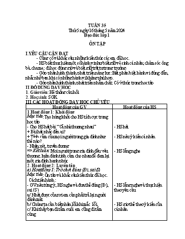 Giáo án Đạo đức 1 + Hoạt động trải nghiệm 2 - Tuần 35 - Năm học 2023-2024