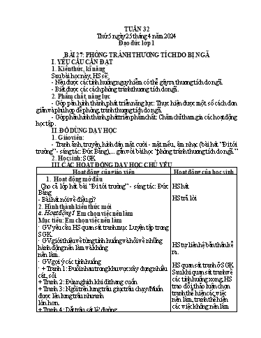 Giáo án Đạo đức Lớp 1 - Tuần 32, Bài 27: Phòng tránh thương tích do bị ngã - Năm học 2023-2024