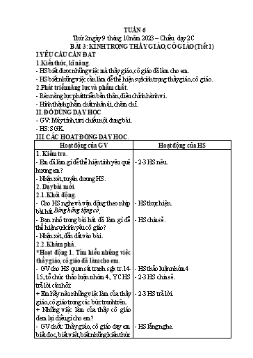 Giáo án Đạo đức Lớp 2 - Tuần 6, Bài 3: Kính trọng thầy giáo, cô giáo (Tiết 1) - Năm học 2023-2024