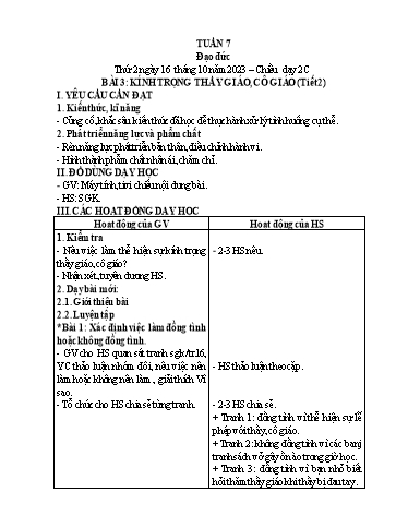 Giáo án Đạo đức Lớp 2 - Tuần 7, Bài 3: Kính trọng thầy giáo, cô giáo (Tiết 2) - Năm học 2023-2024