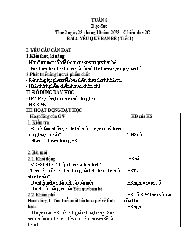Giáo án Đạo đức Lớp 2 - Tuần 8, Bài 4: Yêu quý bạn bè (Tiết 1) - Năm học 2023-2024