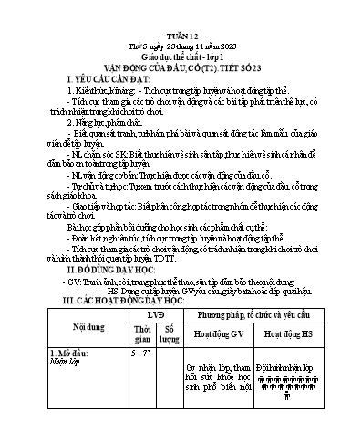 Giáo án GDTC Lớp 1 - Tuần 12, Bài: Vận động của đầu, cổ (Tiết 2+3) - Năm học 2023-2024