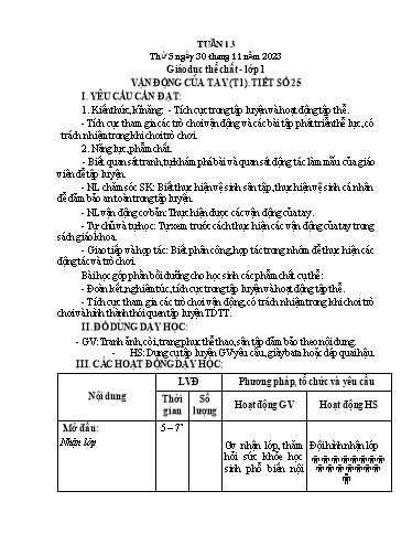 Giáo án GDTC Lớp 1 - Tuần 13, Bài: Vận động của tay (Tiết 1+2) - Năm học 2023-2024